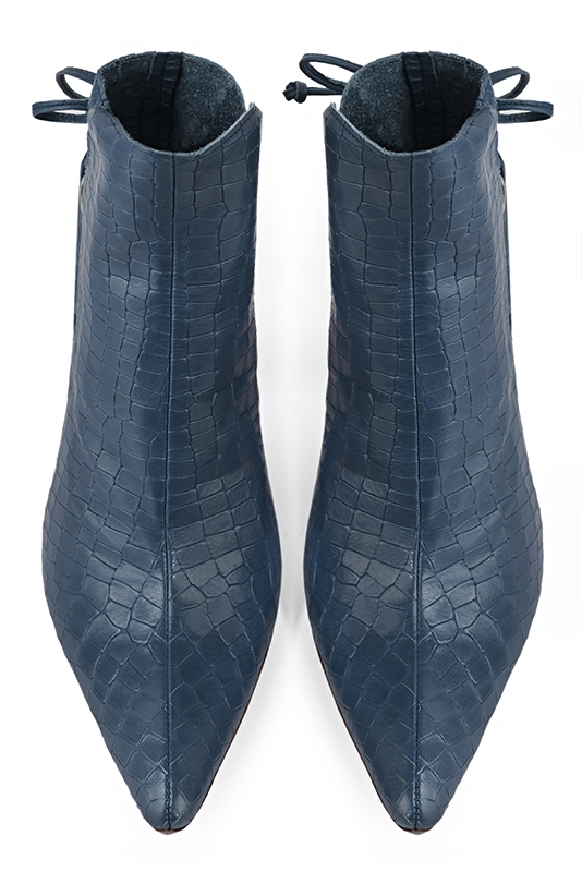 Denim blue women's ankle boots with laces at the back. Tapered toe. Very high spool heels. Top view - Florence KOOIJMAN